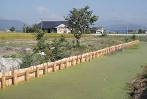 水路法面補修のための木柵の設置